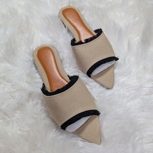 NWT Verdusa Fringe Pointed Toe Flat Mules Apricot & Black Canvas Slides Size 8